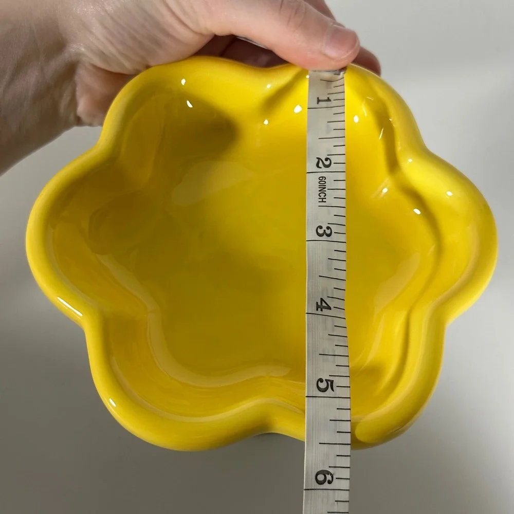 Yellow and Green Ceramic Flower Pedestal Bowl Scalloped Cat Dish Trinket Dish 6